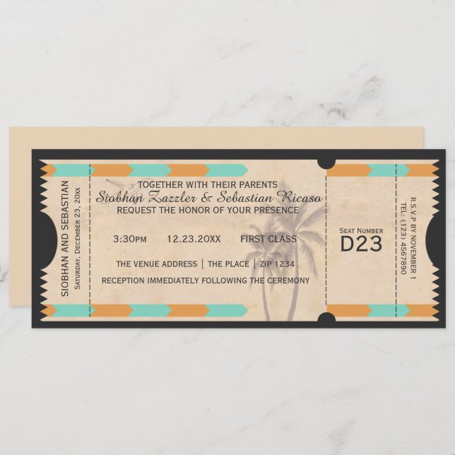Orange Teal Palm Tree Boarding Pass Wedding Ticket Invitation (Front/Back)
