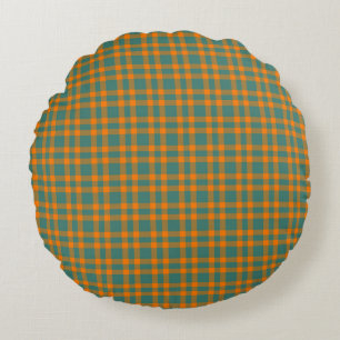 Orange Teal Plaid Pattern Round Cushion