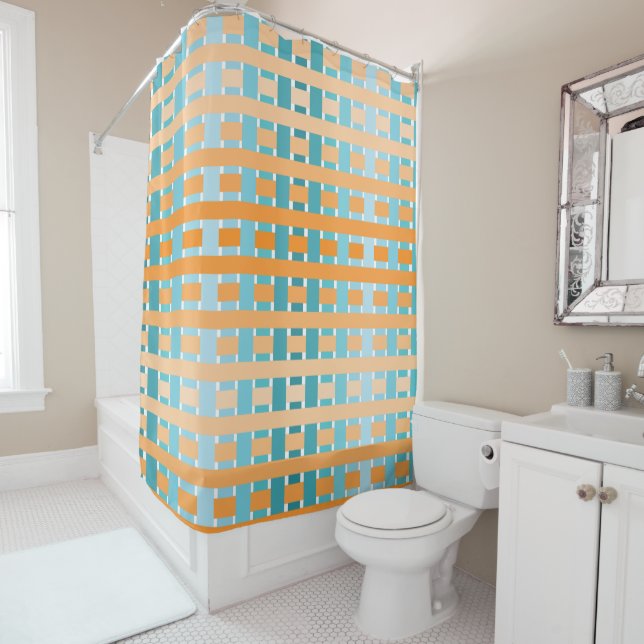 Orange-Teal Plaid Shower Curtain (In Situ)