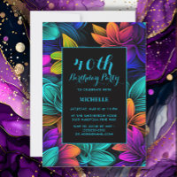 Orange Teal Purple Neon Flowers 40th Birthday
