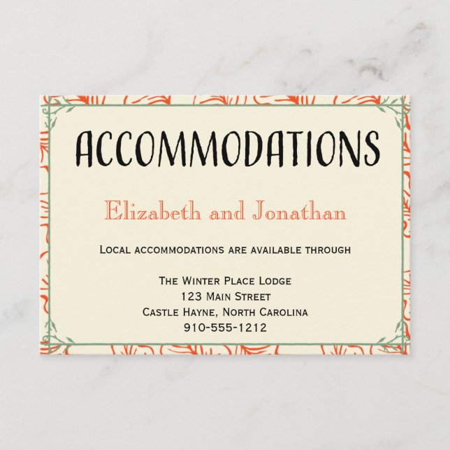 Orange & Teal Rustic Wedding Accommodations Card (Front)