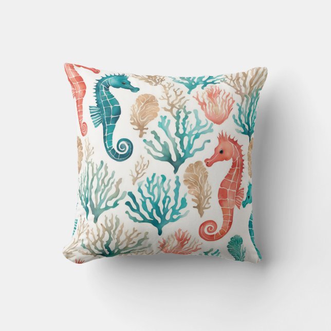 Orange Teal Seahorse Beachy Ocean Sealife Cushion (Front)