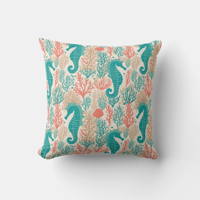 Orange Teal Seahorse Beachy Sealife Pattern Cushion (Front)