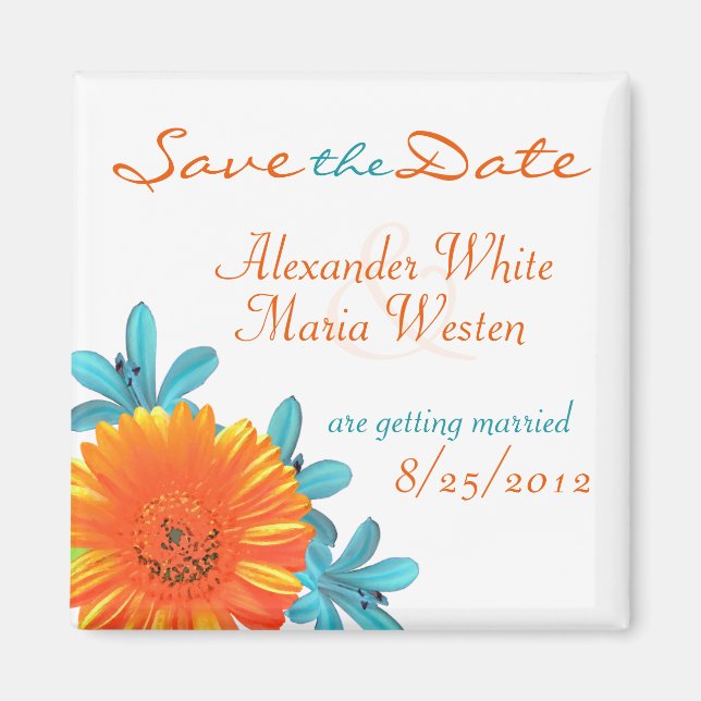 Orange & Teal Summer Flower Save the Date Magnet (Front)