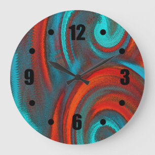 Orange Teal Swirling Abstract Design Large Clock