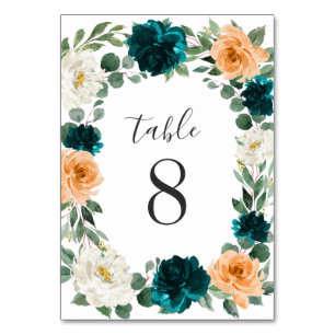 Orange Teal Turquoise Blue Elegant Floral Wedding Table Number