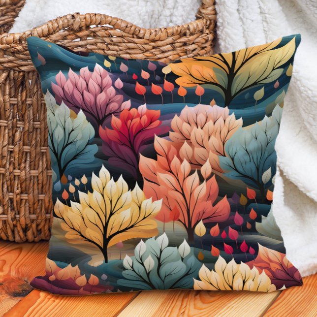 Orange Teal Yellow Trees  Cushion (Teal, orange, and yellow autumn leaves pillow)