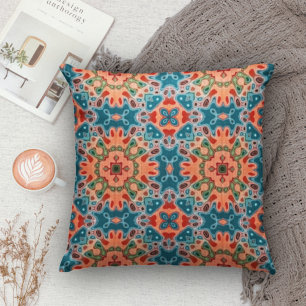 Orange Teel Blue Green Orient Bohemian Art Pattern Cushion