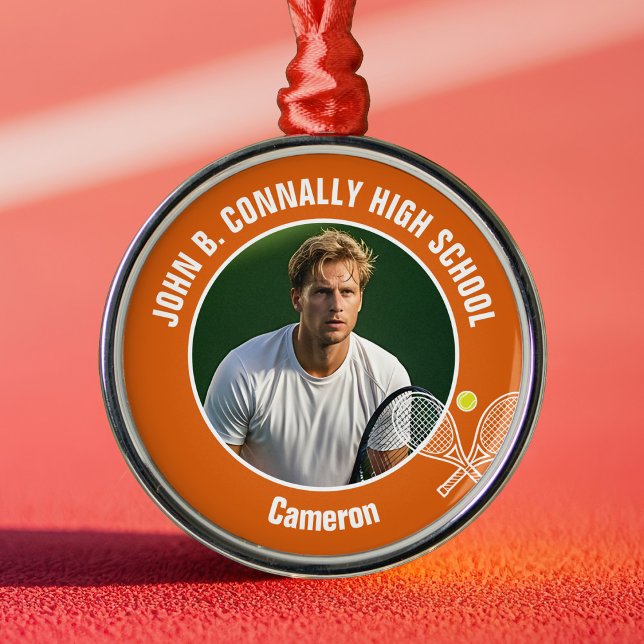 Orange Tennis Player Photo High School Christmas Metal Ornament (Creator Uploaded)