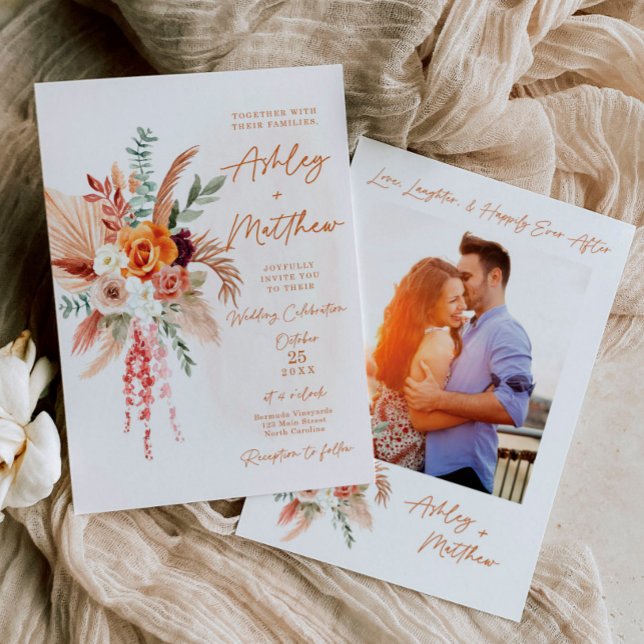 Orange Terracaotta Boho Floral Wedding Invitation (Creator Uploaded)