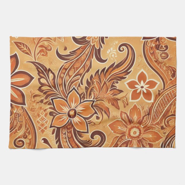 Orange Terracotta Batik Floral Boho Rustic Tea Towel (Horizontal)