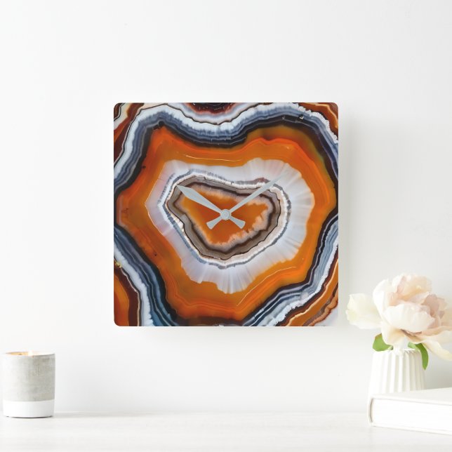 Orange Terracotta Black Grey White Agate Geode Square Wall Clock (Home)