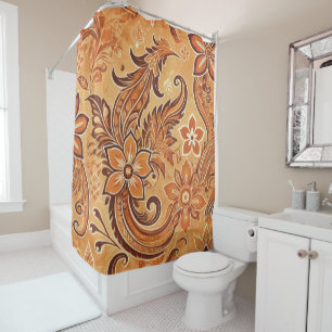 Orange Terracotta Boho Floral Batik Watercolor Shower Curtain