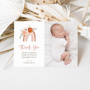 Orange Terracotta Boho Rainbow Baby Shower Photo Thank You Card