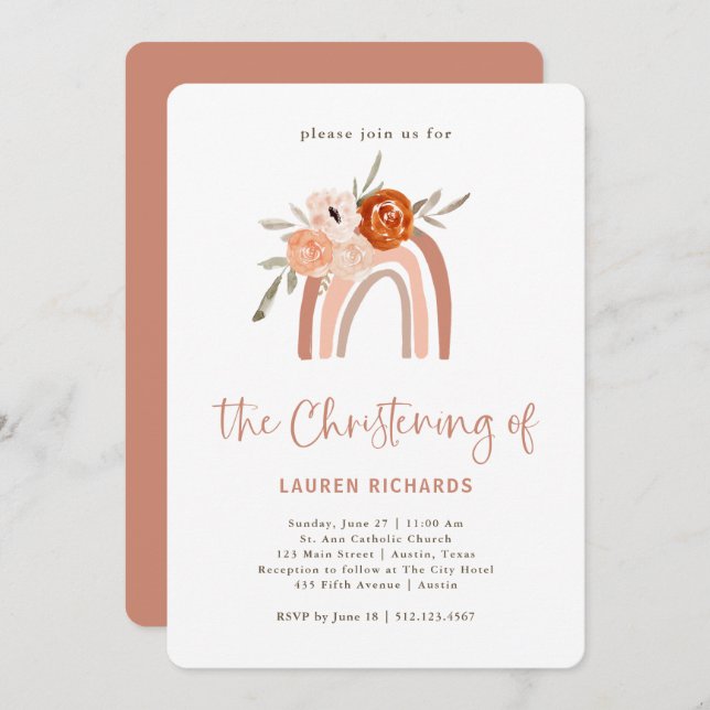 Orange Terracotta Boho | Rainbow Christening Invitation (Front/Back)