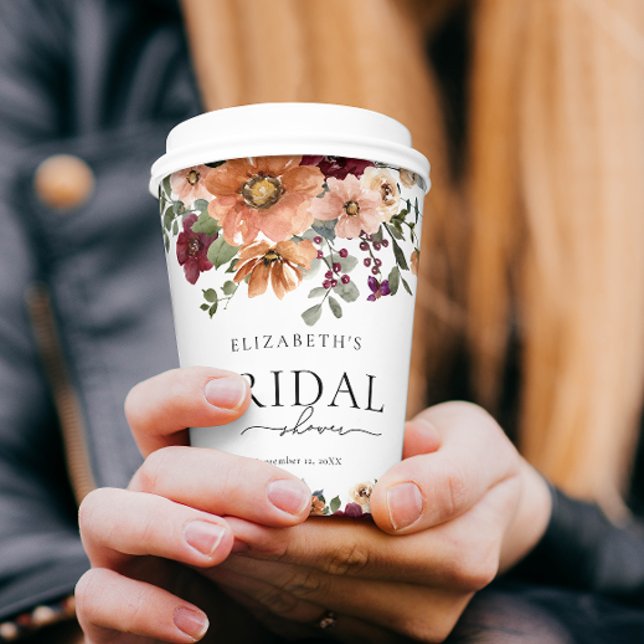 Orange Terracotta Burgundy Floral Bridal Shower Paper Cups (Creator Uploaded)