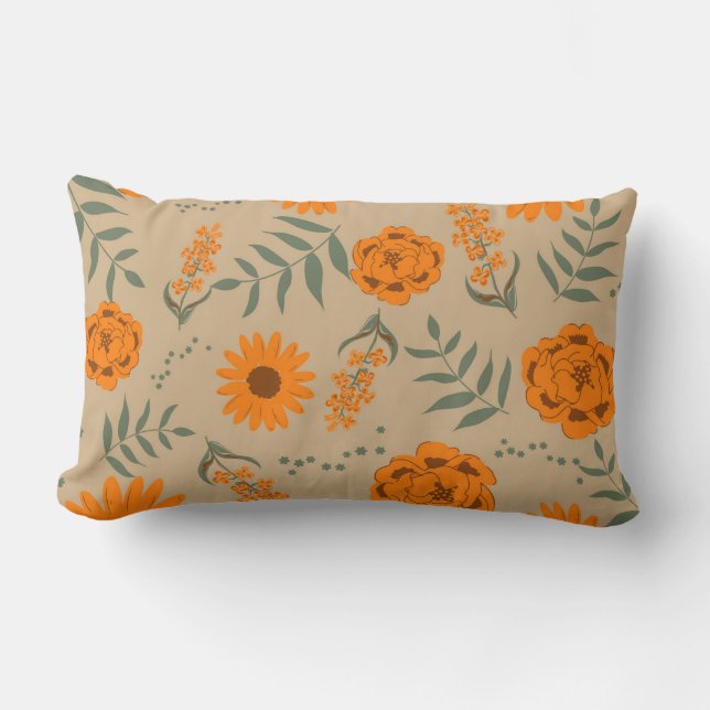Orange Terracotta Floral Boho Botanical Lumbar Cushion (Front)
