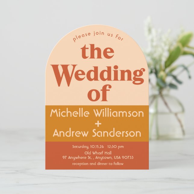 Orange Terracotta Modern Retro Arched Invitation (Standing Front)