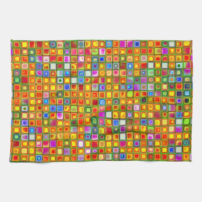 Orange 'Terracotta' Multicolored Tiles Pattern Tea Towel (Horizontal)