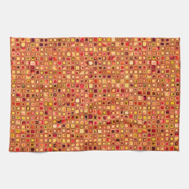 Orange 'Terracotta' Textured Mosaic Tiles Pattern Tea Towel (Horizontal)