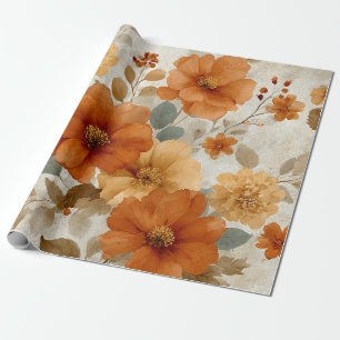 Orange Terracotta Vintage Floral Botanical Wrapping Paper