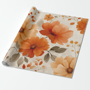 Orange Terracotta Vintage Floral Botanical Wrapping Paper