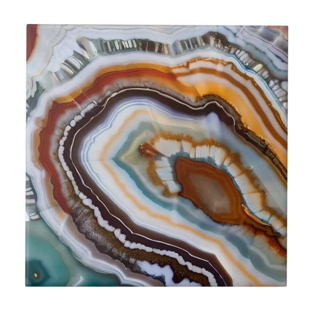 Orange Terracotta White Black Blue Agate Geode Ceramic Tile (Front)