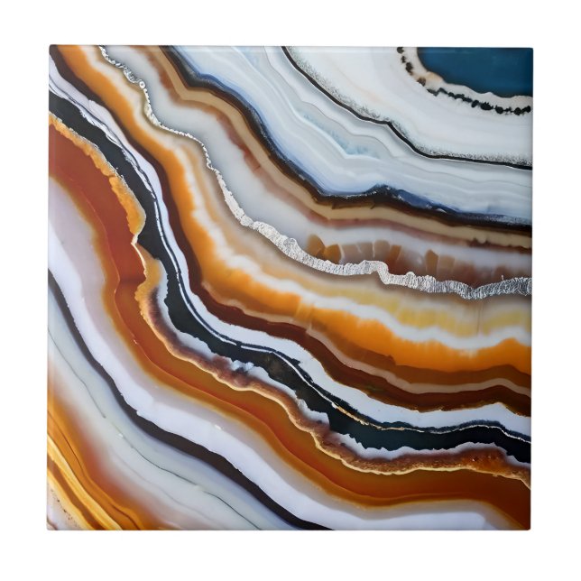 Orange Terracotta White Black Blue Agate Geode Ceramic Tile (Front)