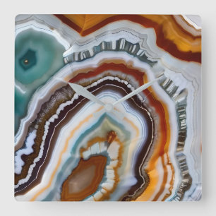 Orange Terracotta White Black Blue Agate Geode Square Wall Clock