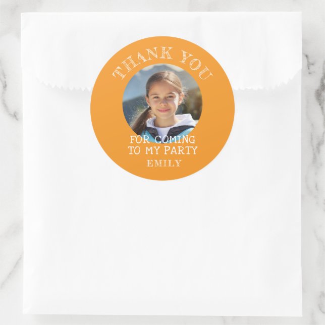 Orange Thank you Birthday Girl Photo Classic Round Sticker (Bag)