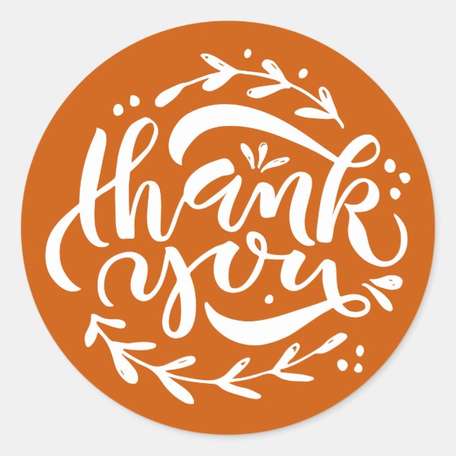 Orange Thank You Modern Calligraphy Wreath Classic Round Sticker (Front)