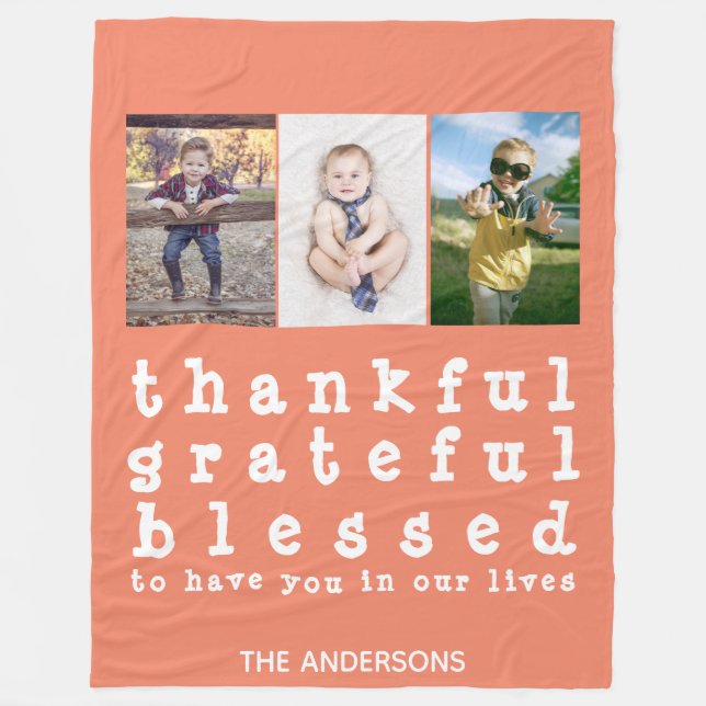 Orange Thankful Grateful Blessed Thanksgiving Fleece Blanket (Front)