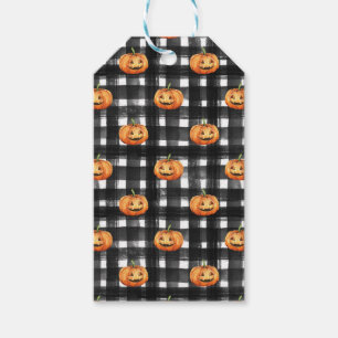 ORANGE THANKSGIVING PUMPKINS BLACK WHITE PLAID GIFT TAGS