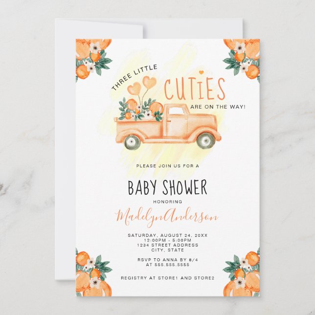 Orange Three Little Cuties Triplets Baby Shower Invitation (Front)