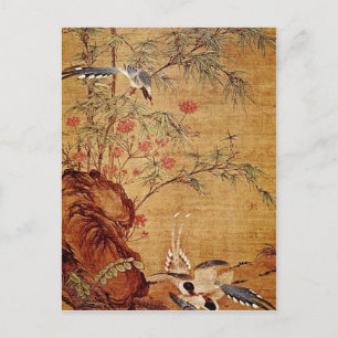 Orange Three Magpies and Spring Flowers, Pien Wen- Postcard
