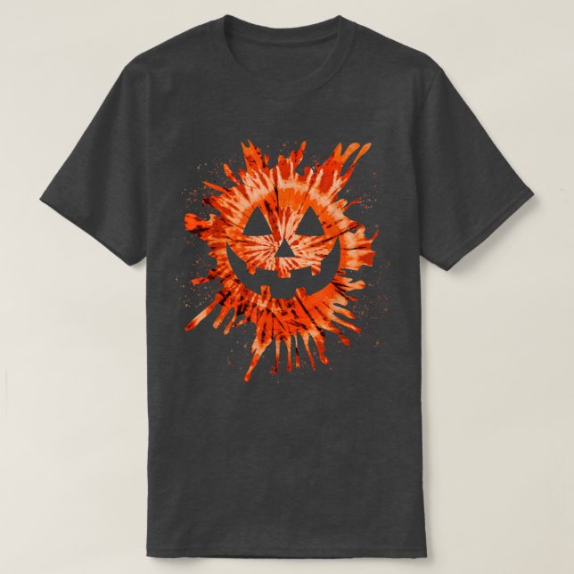 Orange Tie Dye Jack O Lantern Face Hippie Hallowee T-Shirt (Design Front)