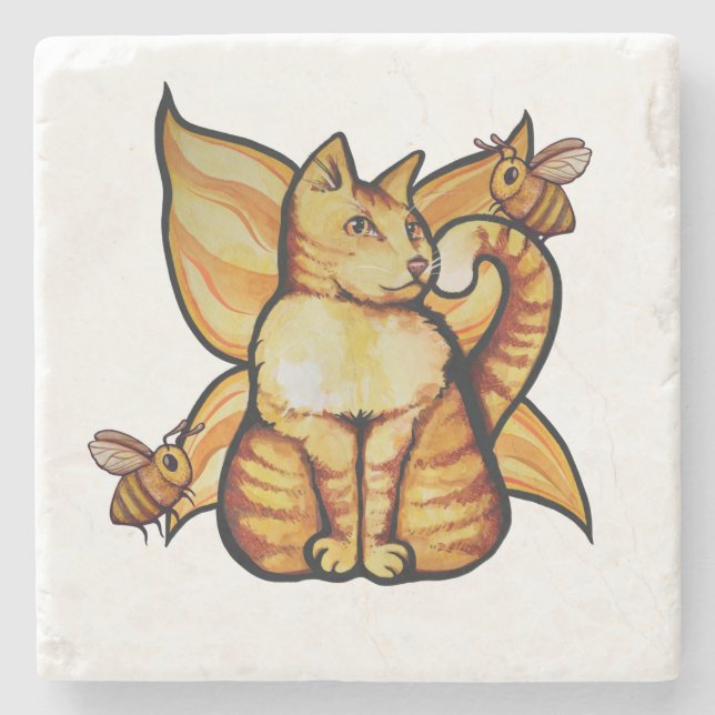 Orange tiger Fairy Cat Bees summertime kitty cats  Stone Coaster (Front)
