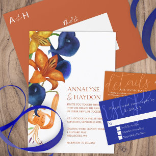 Orange Tiger Lilies, Dark Blue Calla Lilly Wedding Invitation