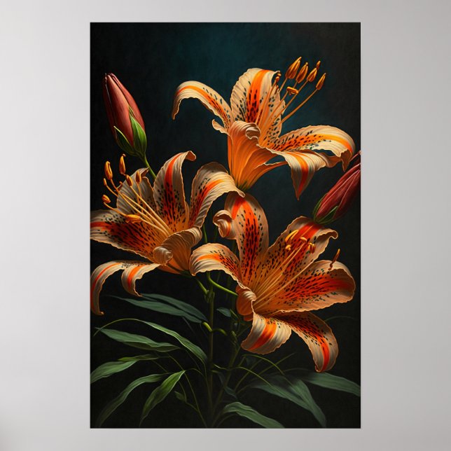 Orange Tiger Lilies Flower Art Print Poster (Front)