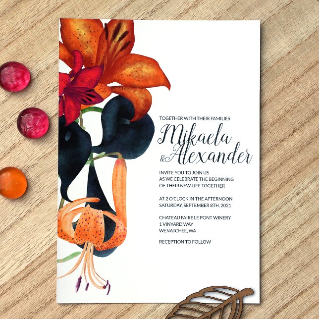 Orange Tiger Lilies Navy Blue Magenta Fall Wedding Invitation (Orange, Blue, Magenta Fall Tiger Lilies, Calla Lilies Wedding Invitations)