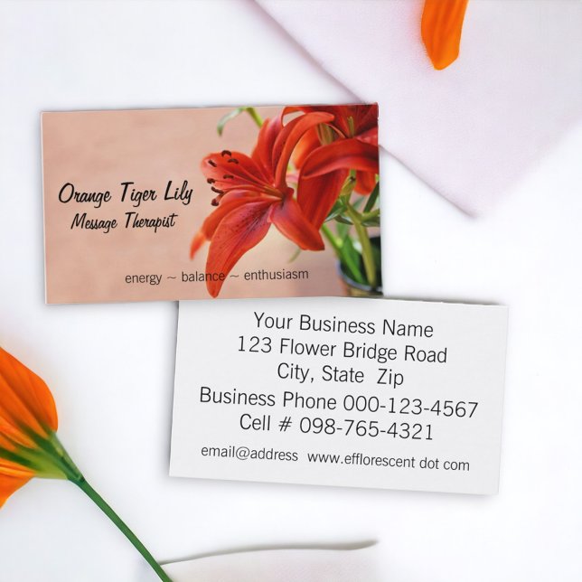 Orange Tiger Lily Close Up Photograph Business Card (A floral double sided business card ready to personalize for your business marketing needs. )