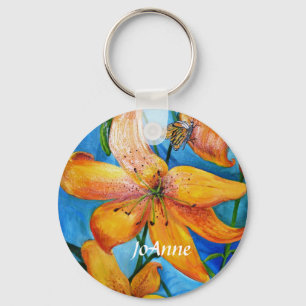 Orange Tiger Lily Floral Personalized Key Ring