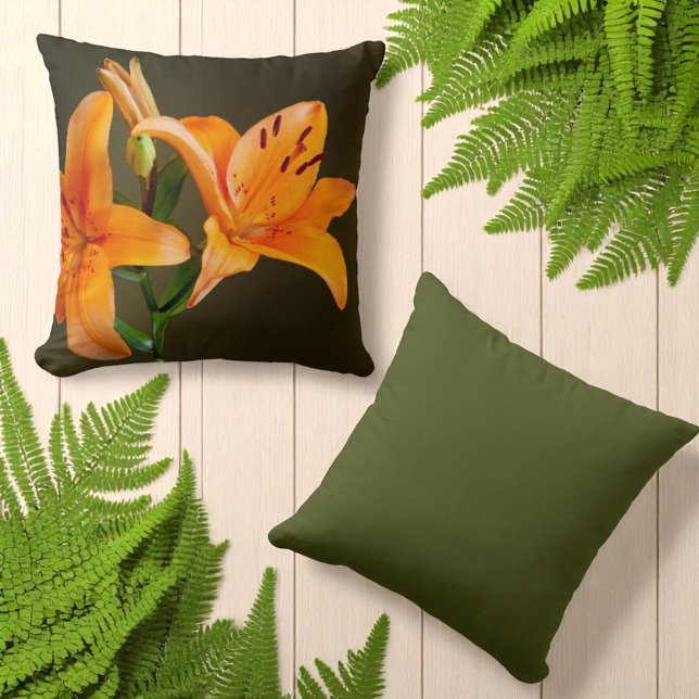 Orange Tiger Lily Flowers and Buds Close-Up Cushion (tiger lily front and solid green back throw pillow)