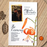 Orange Tiger Lily Wedding Ceremony Program<br><div class="desc">This orange and blue wedding program with orange tiger lilies on front and navy blue calla lilies on back is charming with matching invitations, return-address labels, and party details. Watercolor texture photo frame adds a unique touch. These paper programs are easy to personalise and transfer, and size choices are available....</div>