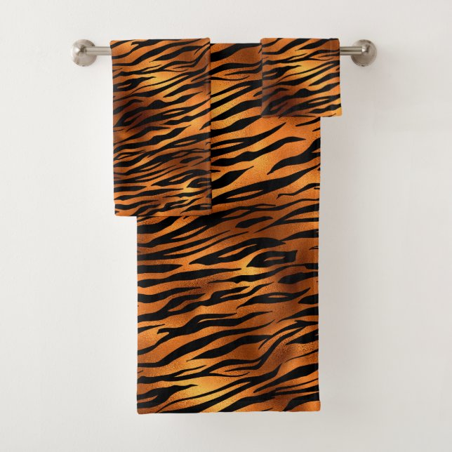 Orange Tiger Stripes Trendy Metallic look Bath Towel Set (Insitu)