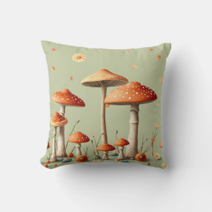 Orange Toadstool Border Light Green Cottagecore Cushion
