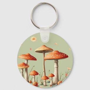 Orange Toadstool Border Light Green Cottagecore Key Ring