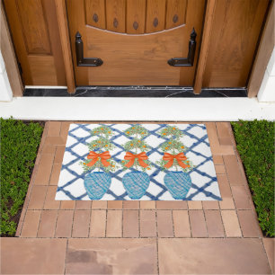 Orange Topiary Blue Ginger Jars Doormat Welcome