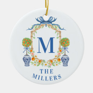 Orange Topiary Chinoiserie Monogram Address Ceramic Ornament