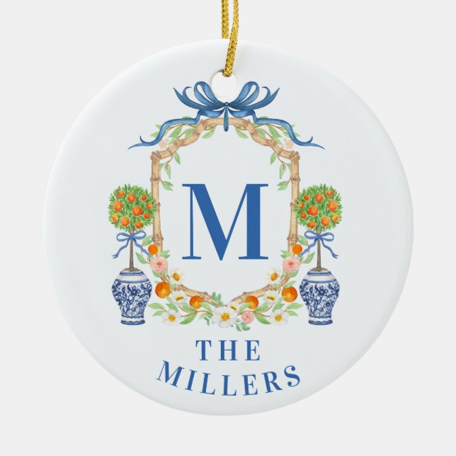 Orange Topiary Chinoiserie Monogram Address Ceramic Ornament (Front)